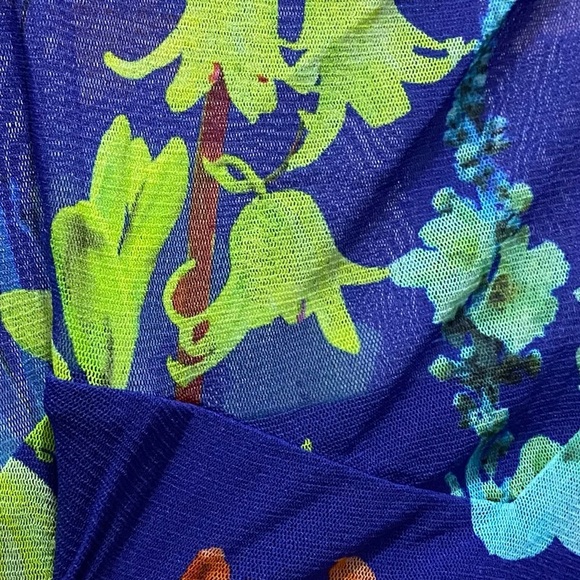 Fuzzi Blue Floral Mesh Print Ruched Dress Size XS Art To Wear Vibrant Stretch - Picture 3 of 4